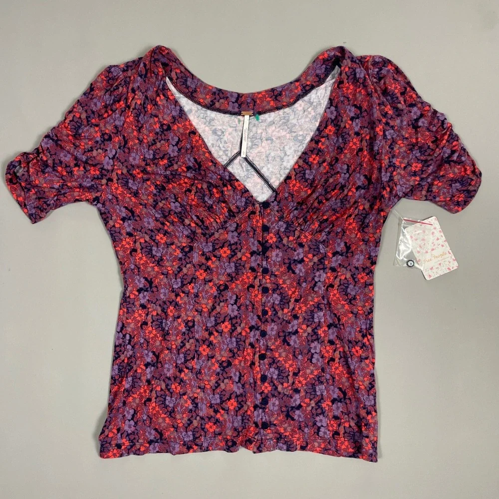 Free People Plum Floral V-Neck Button Front Puff Sleeve Top Retail $78 Womens L